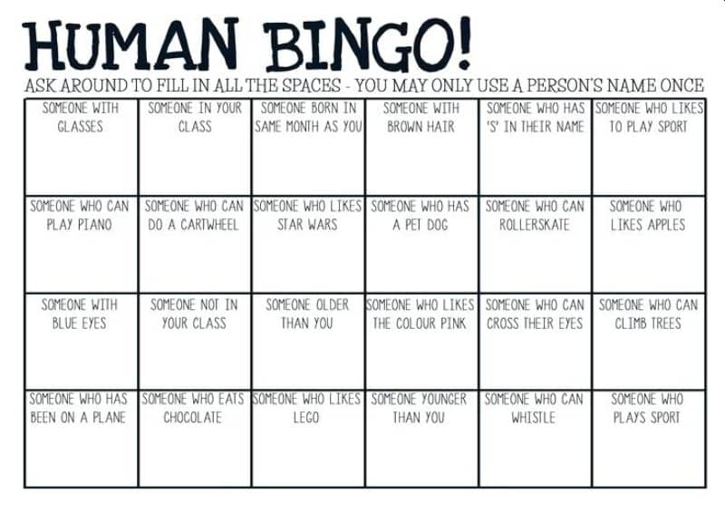 Sample Human Bingo Grids for Team Building